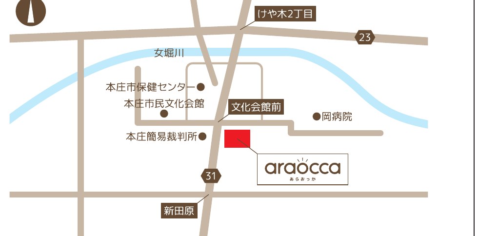 araocca洗車場 本庄店の案内図。県道31号沿い、文化会館前・本庄簡易裁判所・岡病院の近く